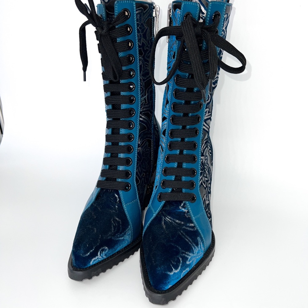 Chloe very rare Runway brocade leather / velvet studded boots. Size 37.5 - Picture 6 of 7
